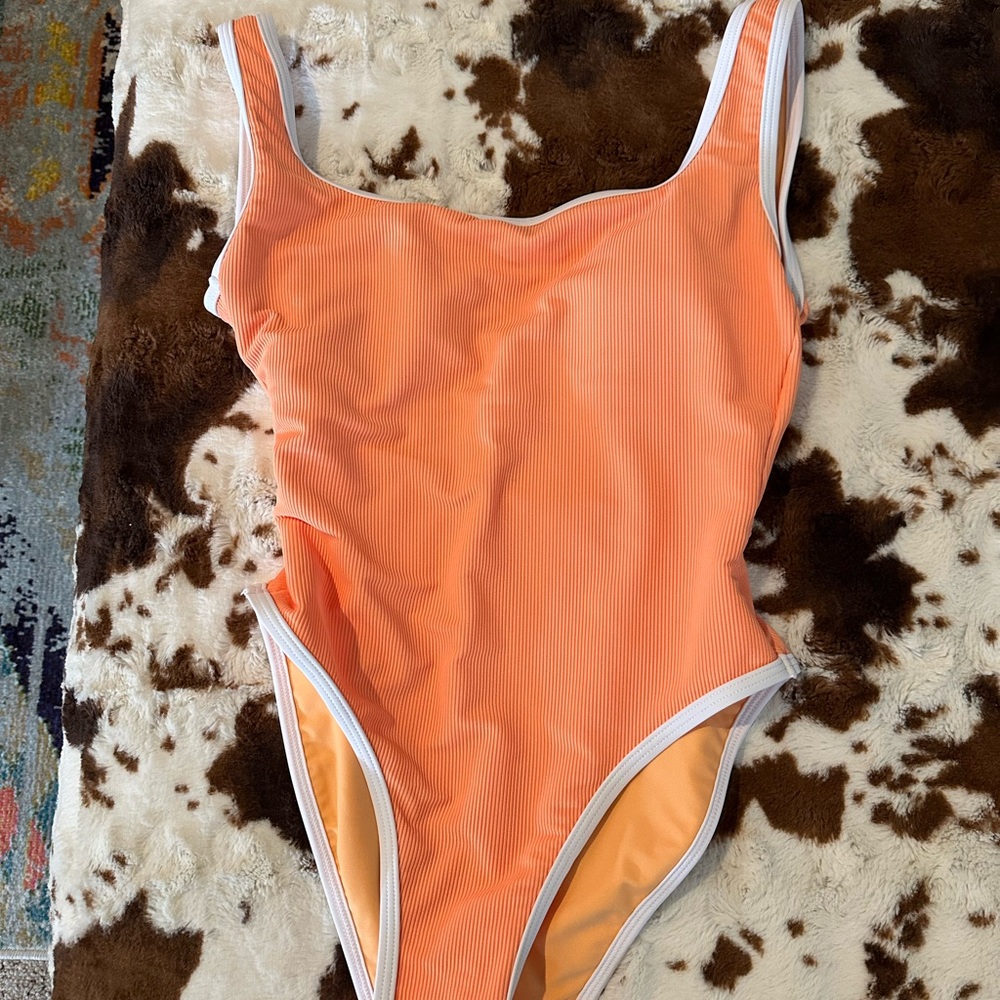 Womens One-Piece Swimsuit - Orange with White Trim